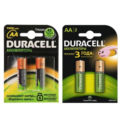 Аккумулятор Duracell, Ni-Mh, AA, HR6-2BL, 1.2В, 1300 мАч, блистер, 2 шт. 849317 - фото 10957