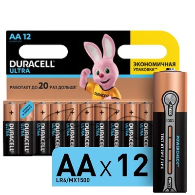 Батарейка алкалиновая Duracell Ultra Power, AA, LR6-12BL, 1.5В, 12 шт 4115929 - фото 11048