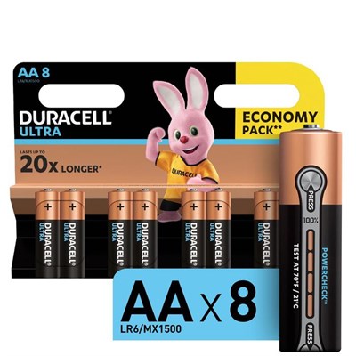 Батарейка алкалиновая Duracell Ultra Power, AA, LR6-8BL, 1.5В, 8 шт 4276689 - фото 11065