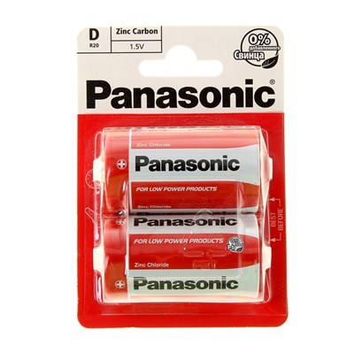 Батарейка солевая Panasonic Zinc Carbon, D, R20-2BL, 1.5В, блистер, 2 шт. 1035275 - фото 11098