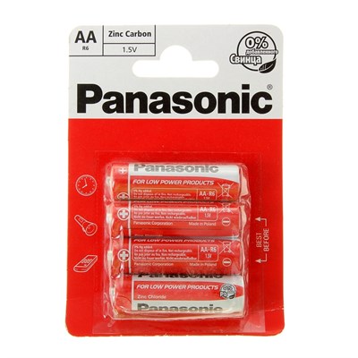 Батарейка солевая Panasonic Zinc Carbon, AA, R6-4BL, 1.5В, блистер, 4 шт, 1035273 - фото 11100