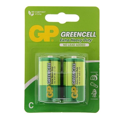 Батарейка солевая GP Greencell Extra Heavy Duty, С, R14-2BL, 1.5В, блистер, 2 шт. 470406 - фото 11286