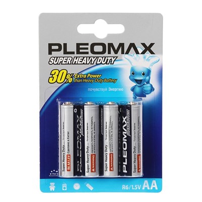 Батарейка солевая Pleomax Super Heavy Duty, AA, R6-4BL, 1.5В, блистер, 4 шт. 475495 - фото 11376