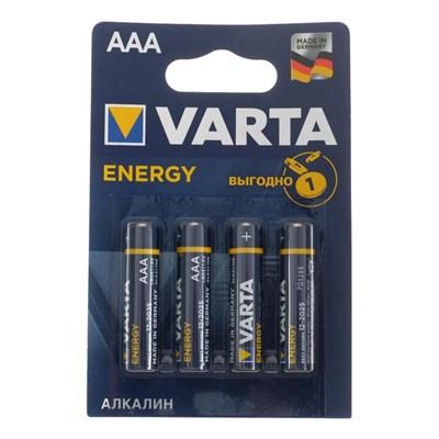 Батарейка алкалиновая Varta Energy, AAA, LR03-4BL, 1.5В, блистер, 4 шт. 5217292 - фото 11606