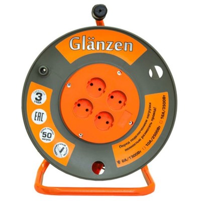 Удлинитель на катушке Glanzen, 4 розетки, 50 м, 16 А, IP20, ПВС 2х2.5 EB-50-008 2316281 - фото 7227